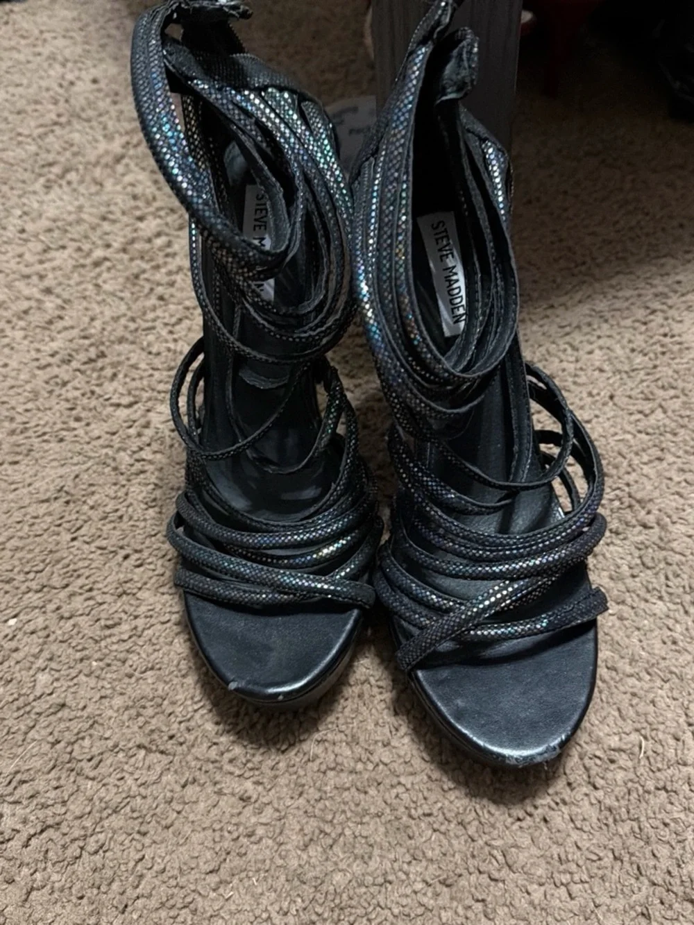 Steve Madden Black Iridescent Lace-Up Strappy Heels